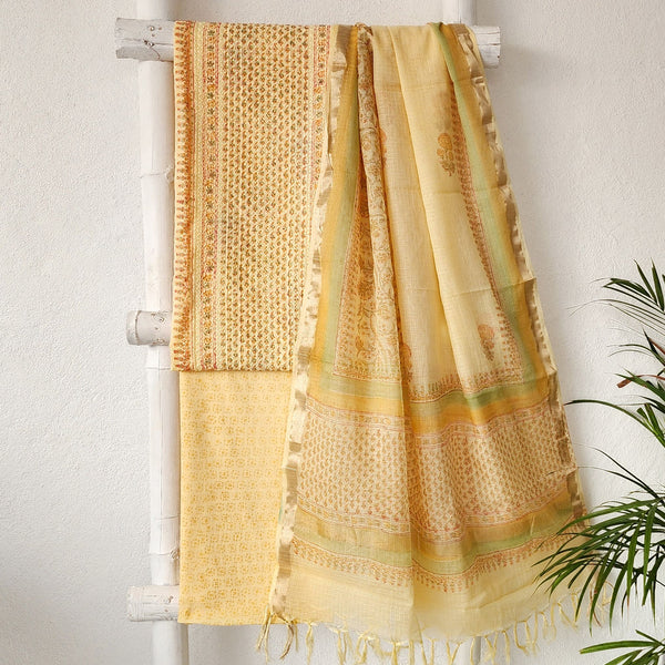 MAAYA - Pure Cotton Light Yellow With A Beautiful Block Printed Hakoba Yoke suit