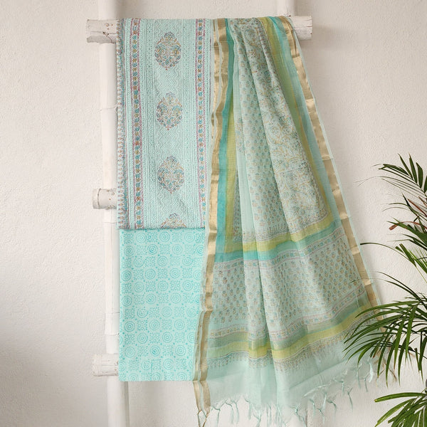 MAAYA - Pure Cotton Light Greenish Blue With A Beautiful Block Printed Hakoba Yoke suit