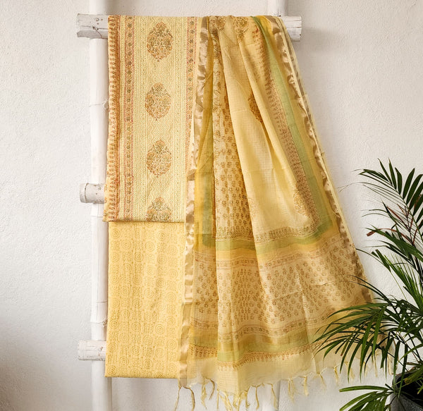 MAAYA - Pure Cotton Light Yellow With A Beautiful Block Printed Hakoba Yoke suit