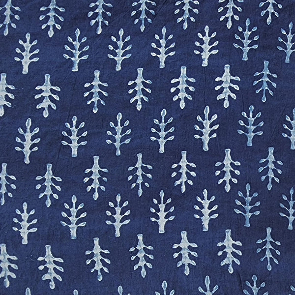 Pure Cotton Akola Indigo White Up And Down Leaves Hand Block Print Fabric