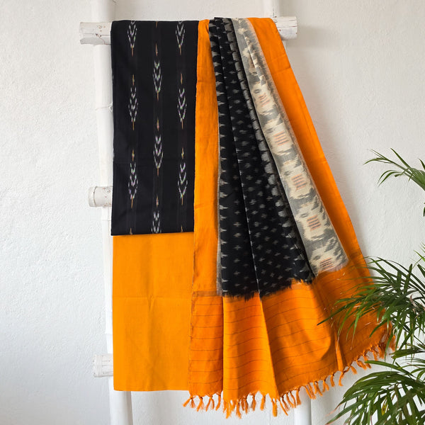 EK TARA - Pure Cotton Ikkat Black With Orange Suit