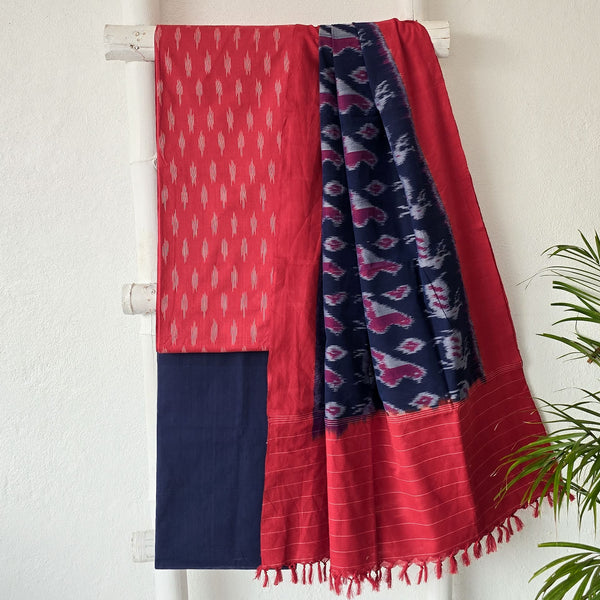 EK TARA - Pure Cotton Ikkat Red With Blue Suit