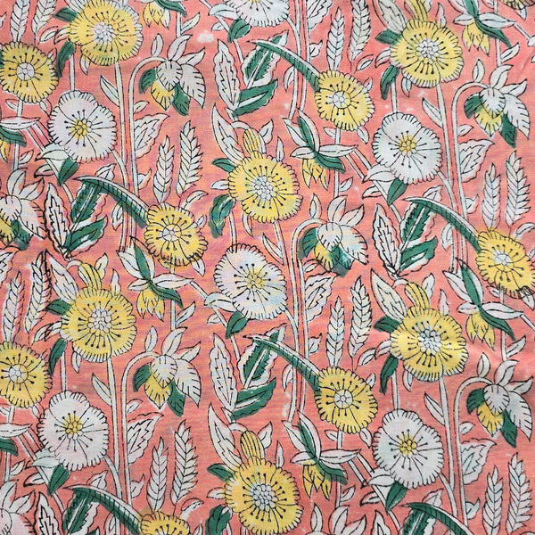 Pure Cotton Jaipuri Peach With Yellow Rose Flower Creeper Hand Block Print Fabric