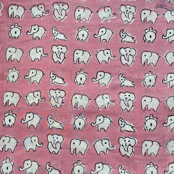 Pure Cotton Jaipuri Pink With White Elephant Motif Hand Block Print Fabric