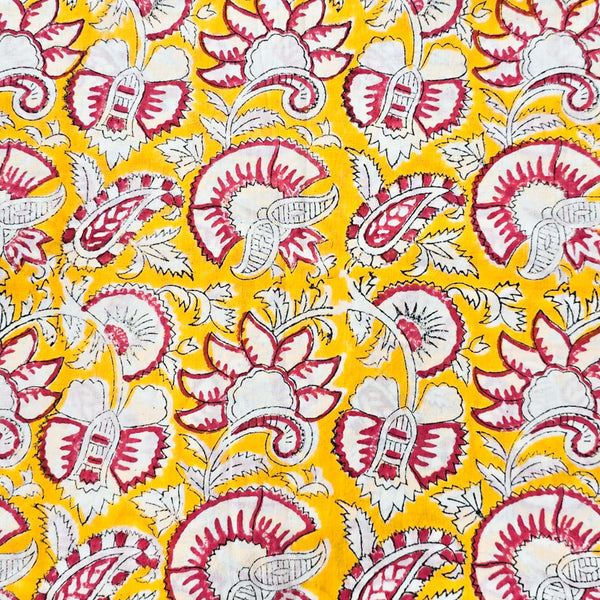 Pure Cotton Jaipuri Yellow With White And Pink Jungle Flower Hand Block Print Fabric