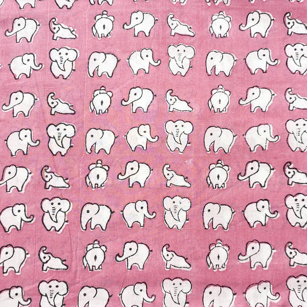 Pure Cotton Jaipuri Light Pink With White Elephant Motif Hand Block Print Fabric