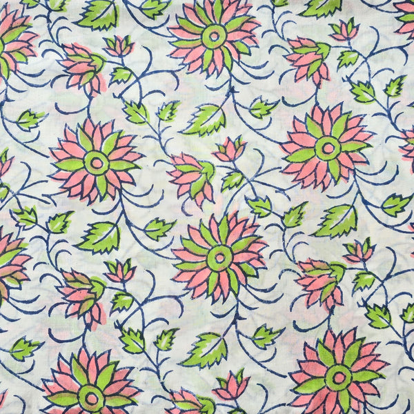 Pure Cotton Jaipuri White With Peach Parrot Green Flower Jaal Hand Block Print Fabric