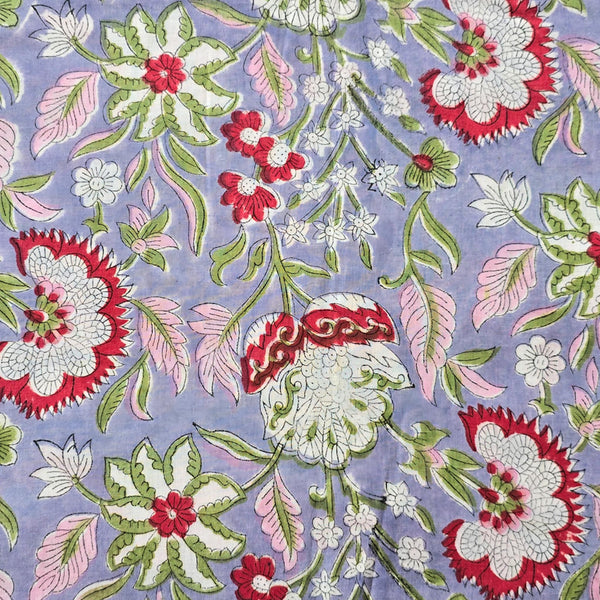 Pure Cotton Jaipuri Lavender With Red Wild Flower Jaal Hand Block Print Fabric