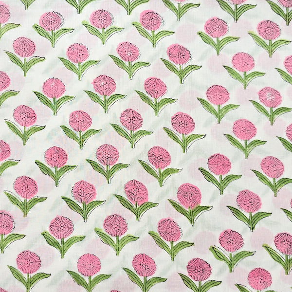 Pure Cotton Jaipuri White With Pink Tiny Flower Motif Hand Block Print Fabric