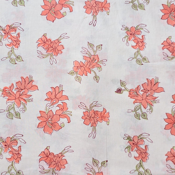 Pure Cotton Jaipuri White With Peach Flower Motif Hand Block Print Fabric