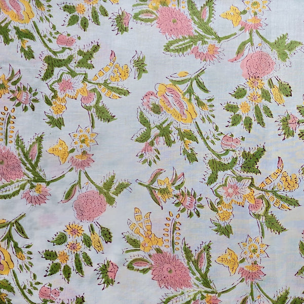 Pure Cotton Jaipuri White With Pink Flower Jaal Hand Block Print Fabric