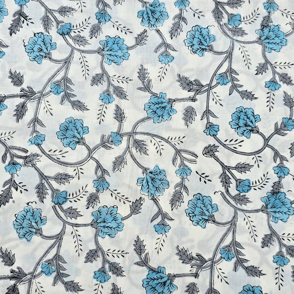 Pure Cotton Jaipuri White With Blue Flower Jaal Hand Block Fabric