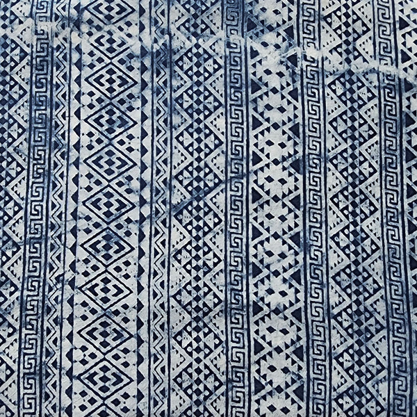 Pure Cotton Indigo White With Blue Border Stripes Hand Block Print Fabric