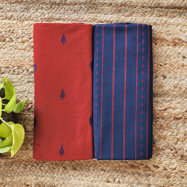 Top Bottom Combo Pure Cotton Handloom  Red With Navy Blue  Woven Fabric (2.5 Meters Each)