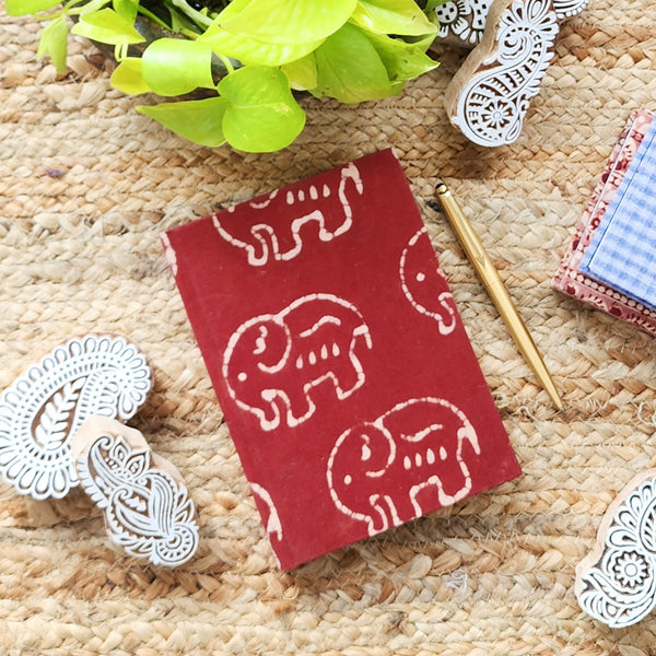 Handmade Upcycled Dabu Red With White Elephant Diary