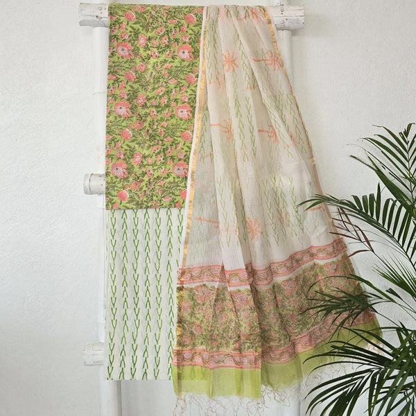 ROZANA-Pure Cotton Green With Peach And White Flower Jaal Jaipuri Suit