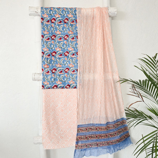 ROZANA-Pure Cotton Blue With Orange  And Red Flower Jaal Jaipuri Suit