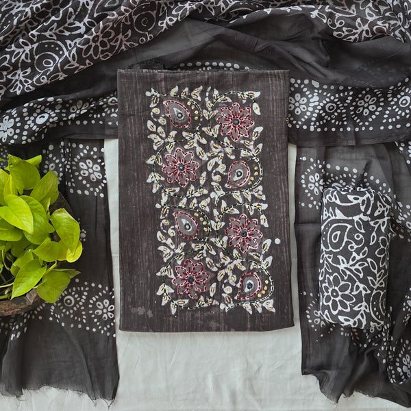 JEEVA-Pure Cotton Dabu Dark Grey With Embroidered Yoke Suit