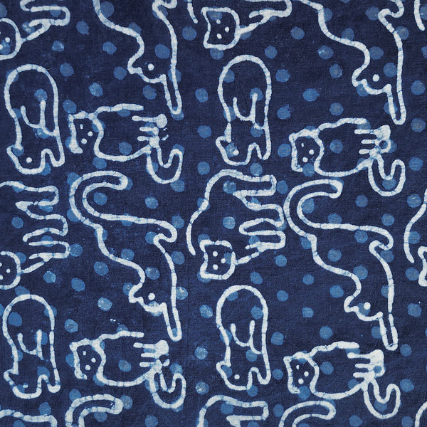 Pure Cotton Indigo With Off White Meow Print Hand Block Print Fabric