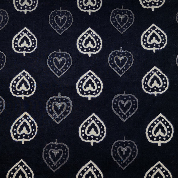 Pure Cotton Black And White Heart Flower Intricate Design Hand Block Print Fabric