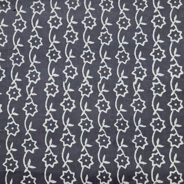 Pure Cotton Dabu Kashish Grey With White Flower Creeper Hand Block Print Fabric