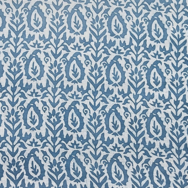 Pure Cotton Dabu White With Blue Kairi Intricate Design Hand Block Print Fabric