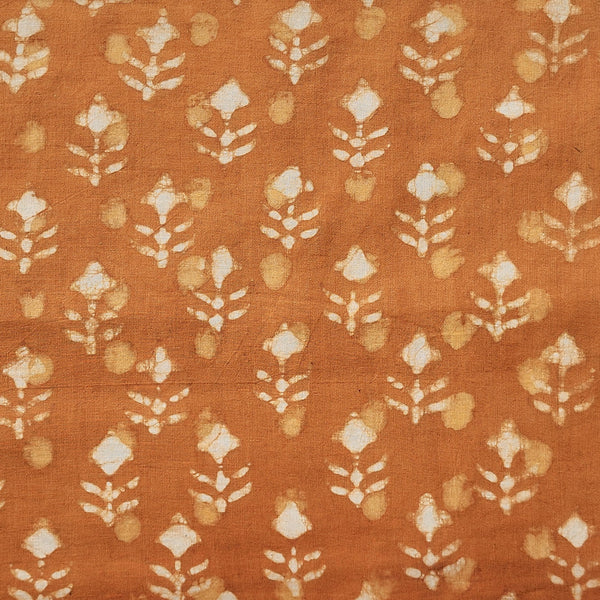 (Pre-Cut 2 Meter) Pure Cotton Dabu Light Orange With Off White Flower Motif Hand Block Print Fabric