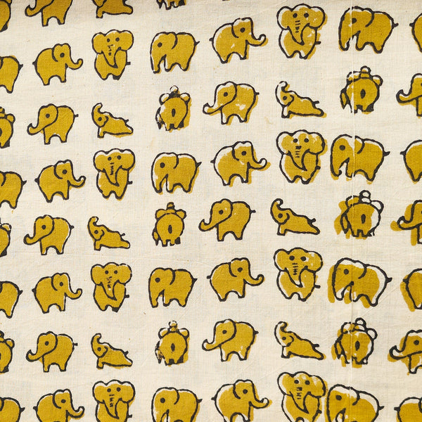 Pure Cotton Bagru Cream With Mustard Cute Elephant Motif Hand Block Print Fabric