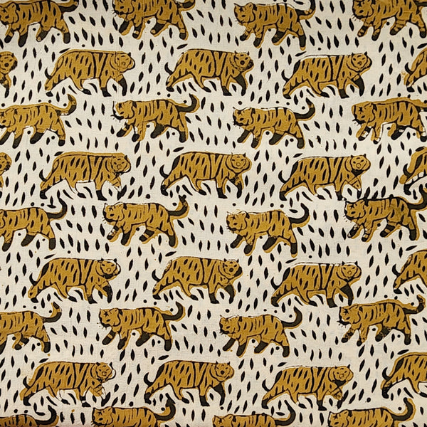 Pure Cotton Bagru Mustard With Cream Tiger Motif Hand Block Print Fabric