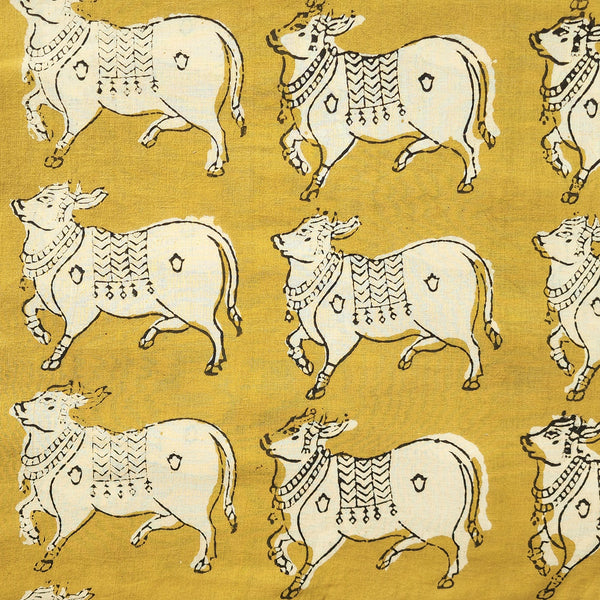 Pure Cotton Bagru Musterd With Cream Cow Motif Hand Block Print Fabric