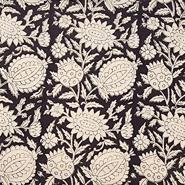 Pure Cotton Bagru Black With Cream Flower Jaal Hand Block Print Fabric