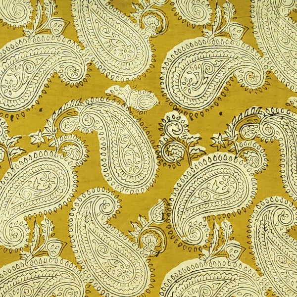 Pure Cotton Bagru Mustard With Cream Kairi Motif Hand Block Print Fabric