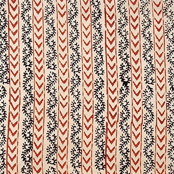 Pure Cotton Bagru Cream With Red And Black Stripes Border Hand Block Print Fabric