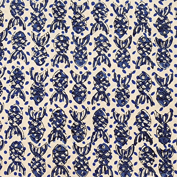 Pure Cotton Bagru Cream With Blue Dots And Fish Motif Hand Block Print Fabric