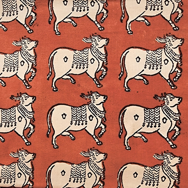 Pure Cotton Bagru Rust  Red With Cream Cow Motif Hand Block Print Fabric