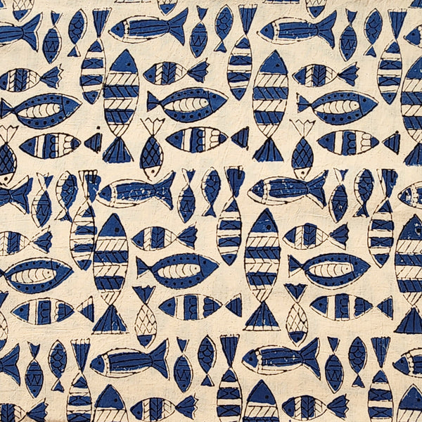 Pure Cotton Bagru Cream With Blue Small Big Fish Motif Hand Block Print Fabric