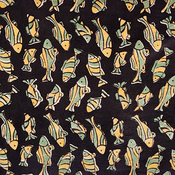 Pure Cotton Bagru Black With Green And Mustard Fish Motif  Hand Block Print Fabric