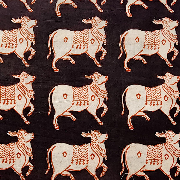 Pure Cotton Bagru Black With Cream Cow Motif Hand Block Print Fabric