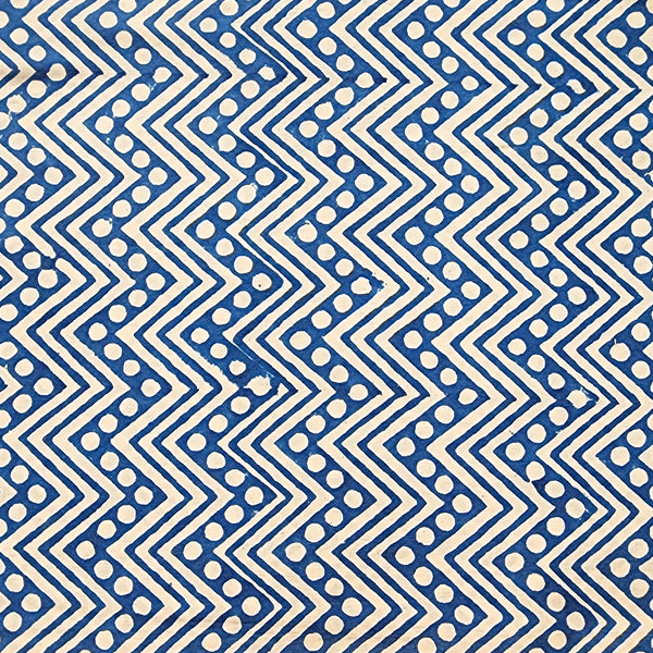 Pure Cotton Bagru Cream With Blue  Zig Zag Stripes Hand Block Print Fabric