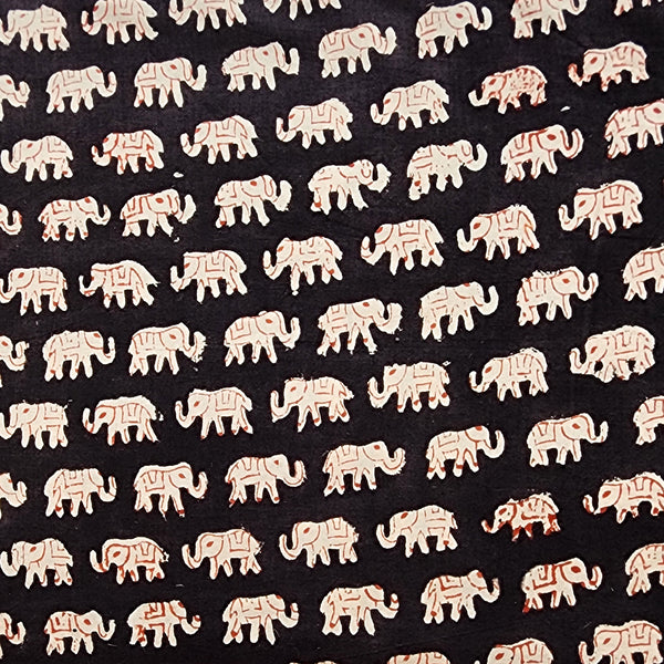 Pure Cotton Bagru Black With Cream Elephant Motif Hand Block Print Fabric