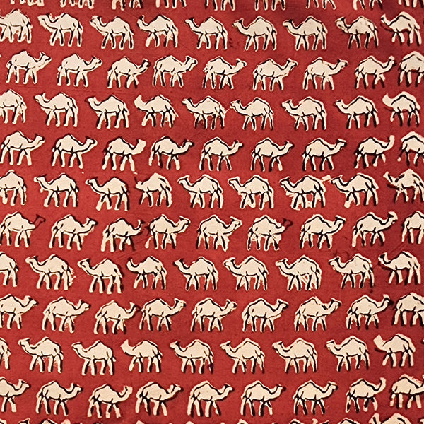 Pure Cotton Bagru Red With Cream Camel Motif Hand Block Print Fabric