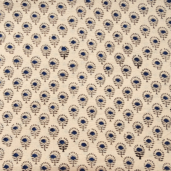 Pure Cotton Bagru Cream With Blue Tiny Flower  Motif Hand Block Print Fabric