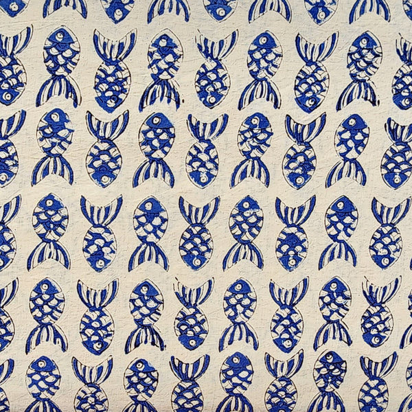 Pure Cotton Bagru Cream With Blue Fish Motif Hand Block Print Fabric