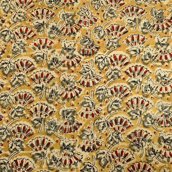 Pure Cotton Kalamkari Mustard With Grey And Red Flower Motif Hand Block Print Fabric