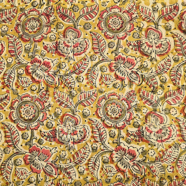 Pure Cotton Kalamkari Mehndi Green With Grey And Peach Flower Jaal Hand Block Print Fabric