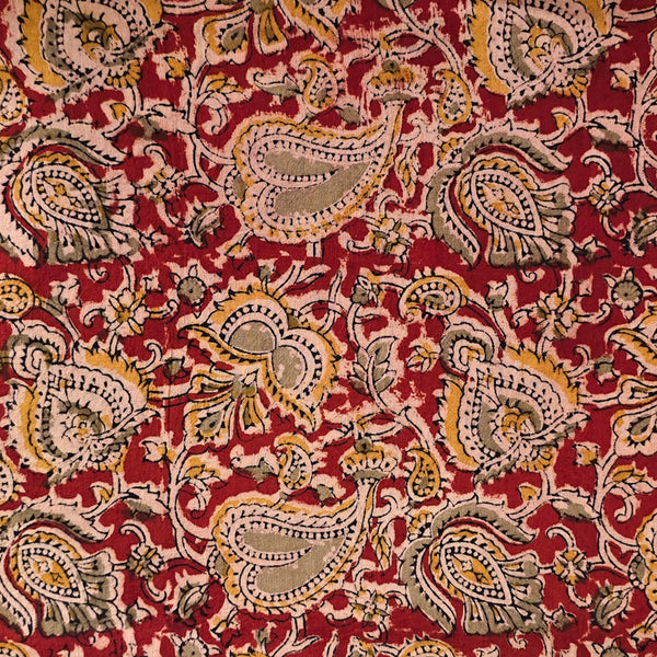 Pure Cotton Kalamkari Red With Green And Yellow Flower Jaal Hand Block Print Fabric