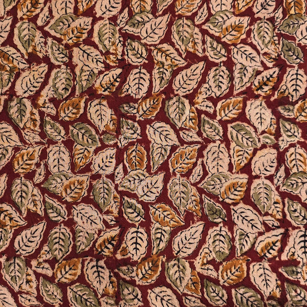 Pure Cotton Kalamkari Rust Red With Cream And Mustard Leaves Jaal Hand Block Print Fabric