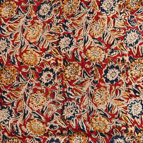 Pure Cotton Kalamkari Rust Red With Mustard And Rust Blue Flower Jaal Hand Block Print Fabric