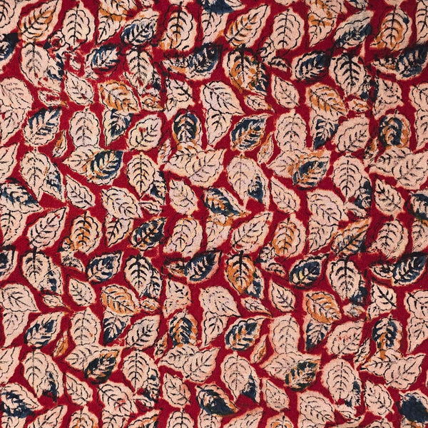 Pure Cotton Kalamkari Rust Red With Cream And Mustard  Blue Leaves Jaal Hand Block Print Fabric