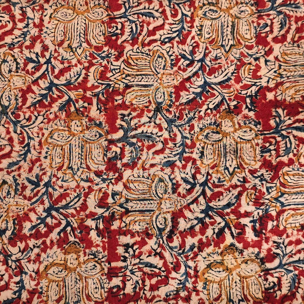 Pure Cotton Kalamkari Rust Red With Rust Blue And Mustard Flower Jaal Hand Block Print Fabric